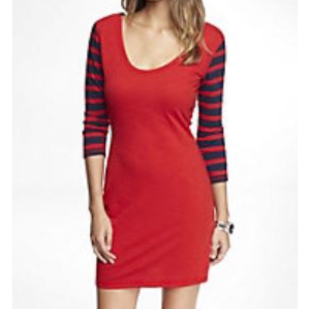 Express red dress with navy striped sleeves